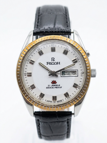 Vintage Ricoh R31 Automatic White Face New Strap 21 Jewels Day-Date Men's Wrist Watch AS13
