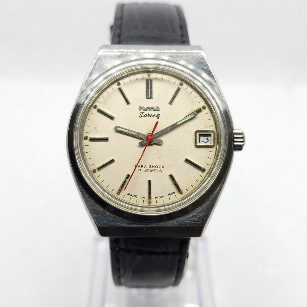 Vintage Original HMT Tareeq Hand Winding 17 Jewels Off White Face Date Men's Wrist Watch HM131