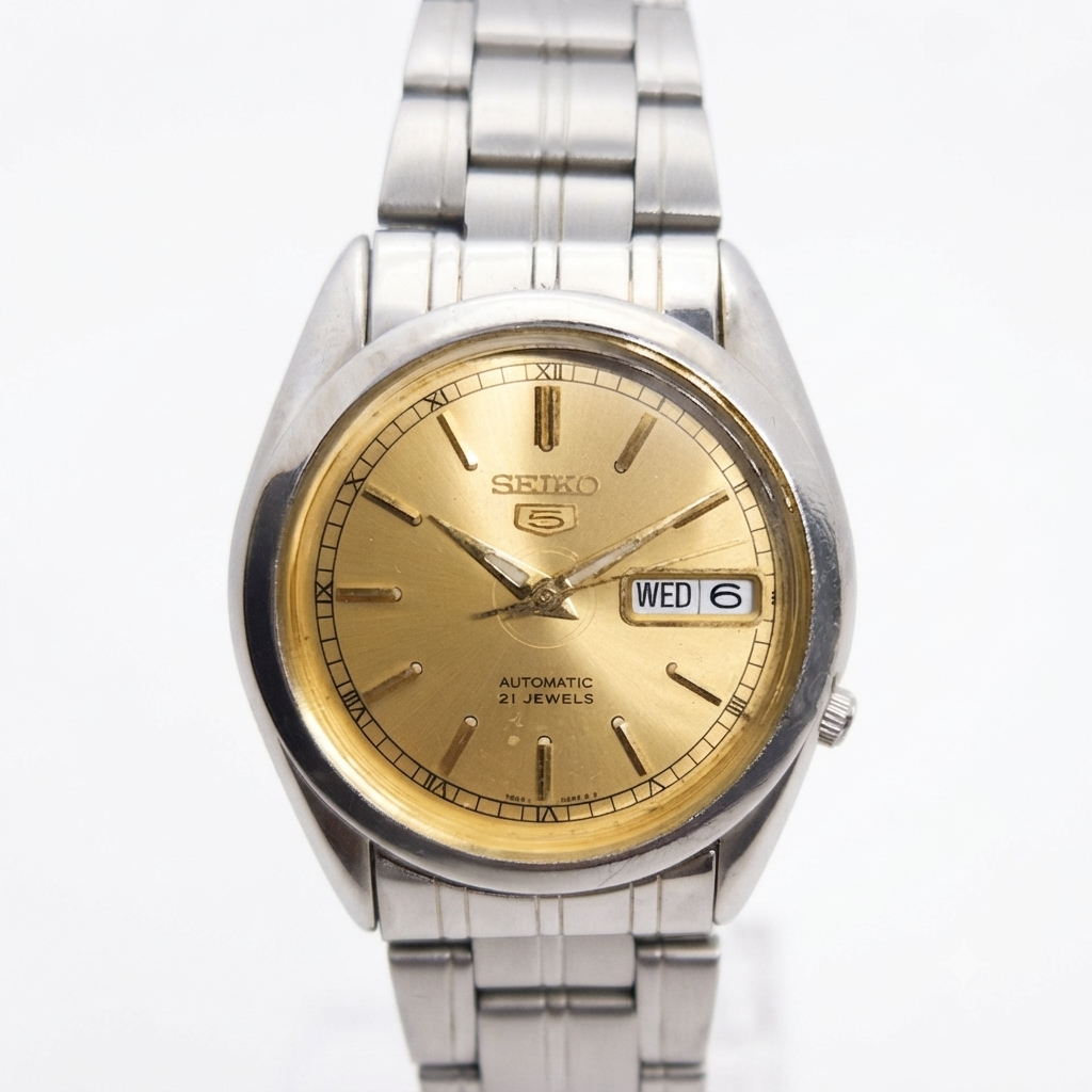 Vintage 1980 Original Seiko 5 Automatic 7s26-01R0 Golden face 21 Jewels Day-Date Japanese Men's Wrist Watch OG109