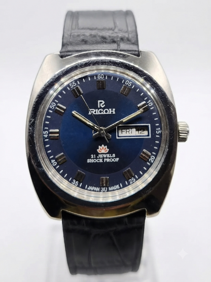Vintage Ricoh R31 Automatic Blue Face New Strap 21 Jewels Day-Date Men's Wrist Watch AS26