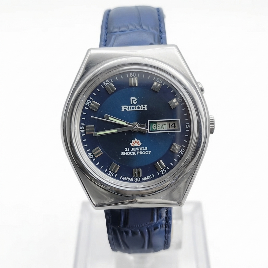 Vintage Ricoh R31 Automatic Blue Face New Strap 21 Jewels Day-Date Men's Wrist Watch R97