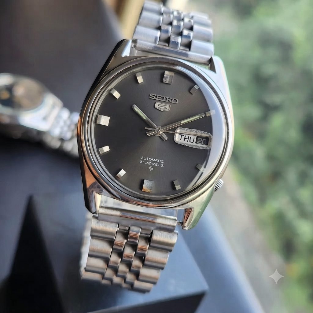 Vintage 1971 Original Seiko 5 Automatic 6119-8095 Grey Face 21 Jewels Day-Date Japanese Men's Wrist Watch SK10