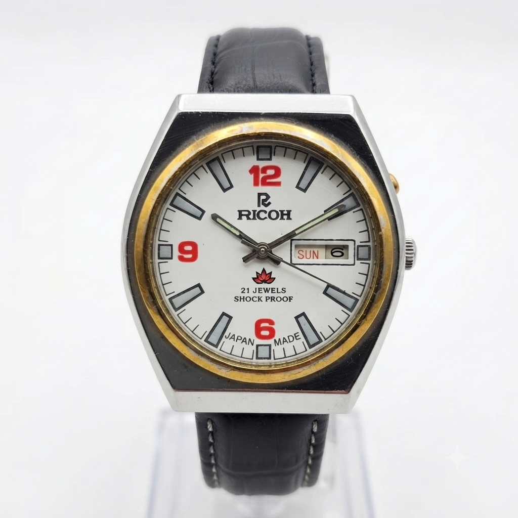 Vintage Ricoh R31 Automatic White Face New Strap 21 Jewels Day-Date Men's Wrist Watch R106