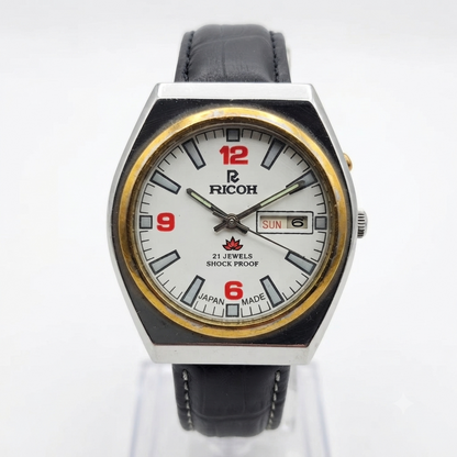 Vintage Ricoh R31 Automatic White Face New Strap 21 Jewels Day-Date Men's Wrist Watch R106
