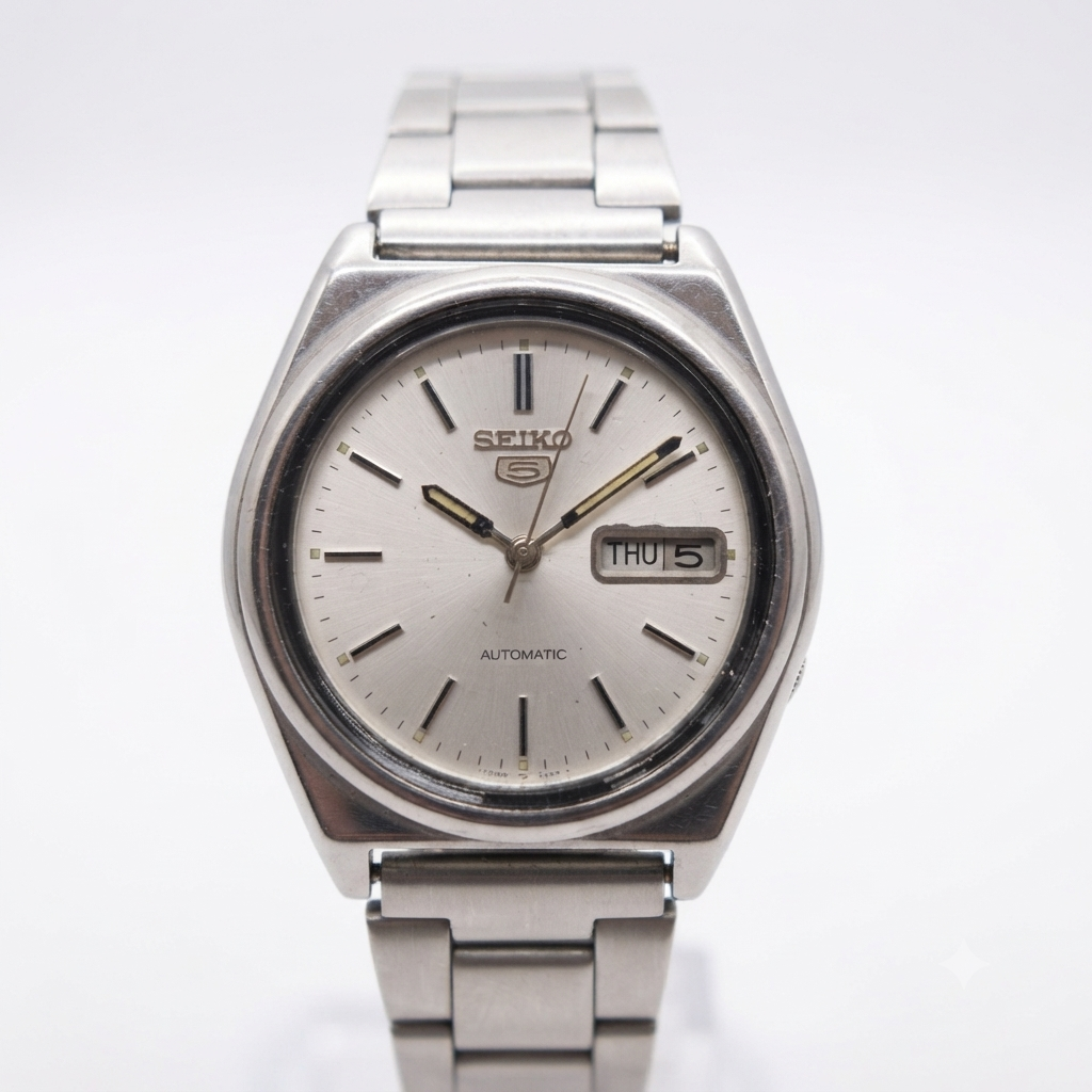Vintage 1980 Original Seiko 5 Automatic 7009-876J Silver face 17 Jewels Day-Date Japanese Men's Wrist Watch OG131