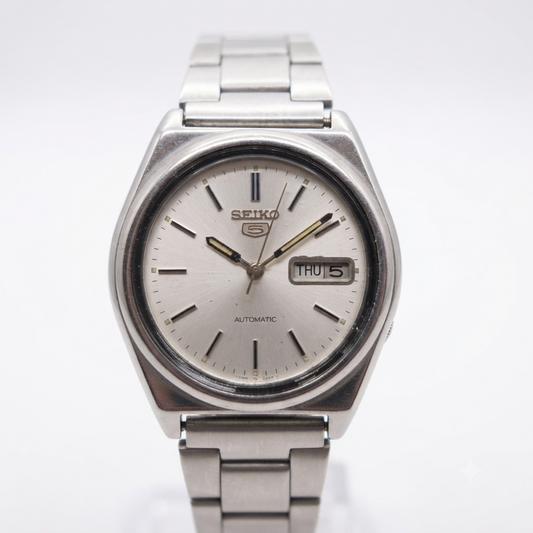 Vintage 1980 Original Seiko 5 Automatic 7009-876J Silver face 17 Jewels Day-Date Japanese Men's Wrist Watch OG131