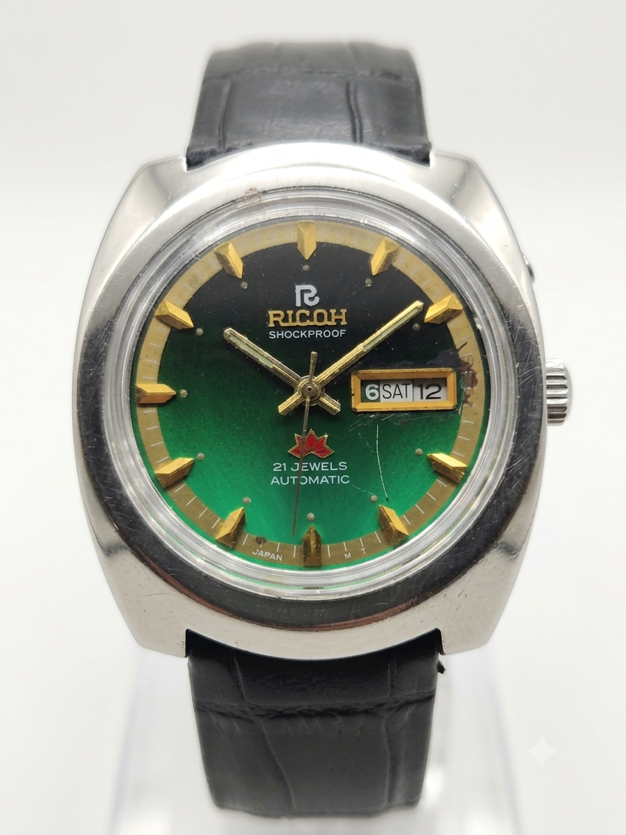 Vintage Ricoh R31 Automatic Green Face New Strap 21 Jewels Day-Date Men's Wrist Watch AS35