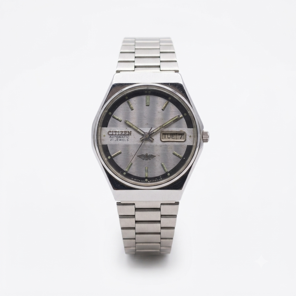 Vintage 1983 Original Citizen Automatic 8200 Grey Face 35MM case Day-Date Japanese Men's Wrist Watch CT120