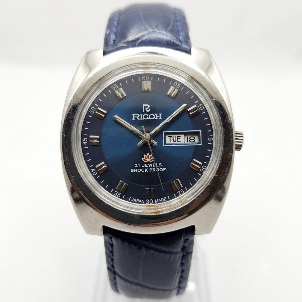 Vintage Ricoh R31 Automatic Blue Face New Strap 21 Jewels Day-Date Men's Wrist Watch R14