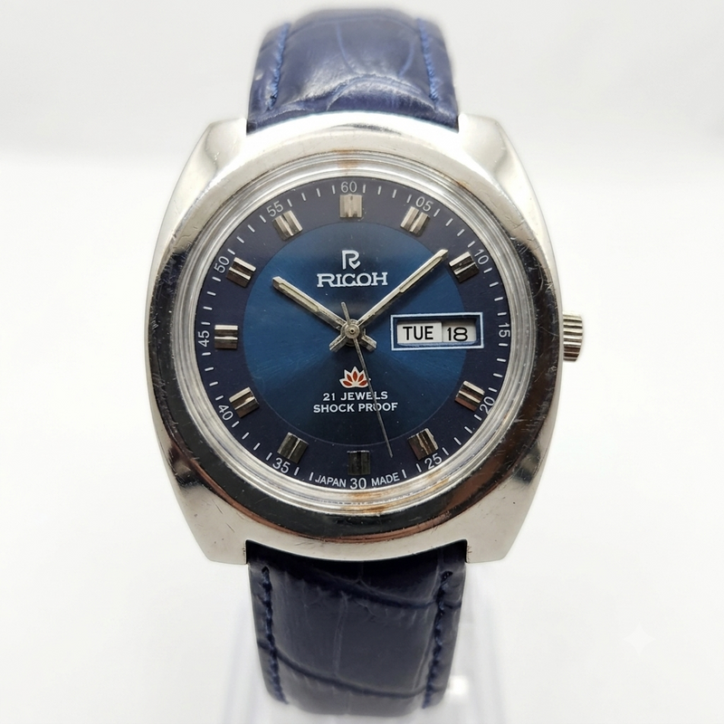 Vintage Ricoh R31 Automatic Blue Face New Strap 21 Jewels Day-Date Men's Wrist Watch R14