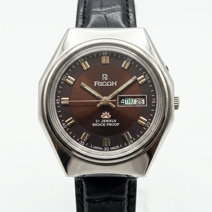 Vintage Ricoh R31 Automatic Brown Face New Strap 21 Jewels Day-Date Men's Wrist Watch R19