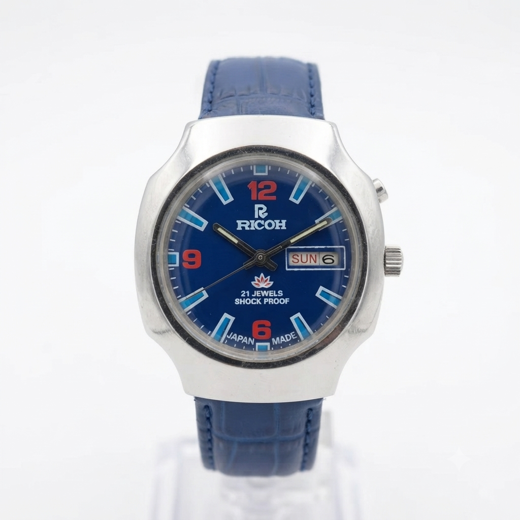 Vintage Ricoh R31 Automatic Blue Face New Strap 21 Jewels Day-Date Men's Wrist Watch R107