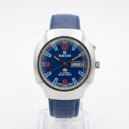 Vintage Ricoh R31 Automatic Blue Face New Strap 21 Jewels Day-Date Men's Wrist Watch R107
