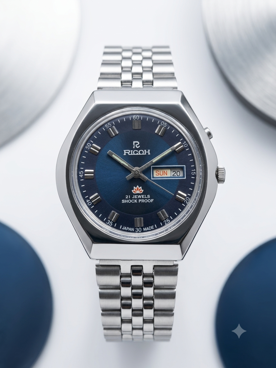 Vintage Ricoh R31 Automatic Blue Face New Bracelet 21 Jewels Day Date Men's Wrist Watch AS03