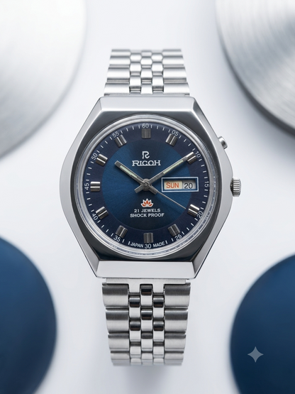 Vintage Ricoh R31 Automatic Blue Face New Bracelet 21 Jewels Day Date Men's Wrist Watch AS03