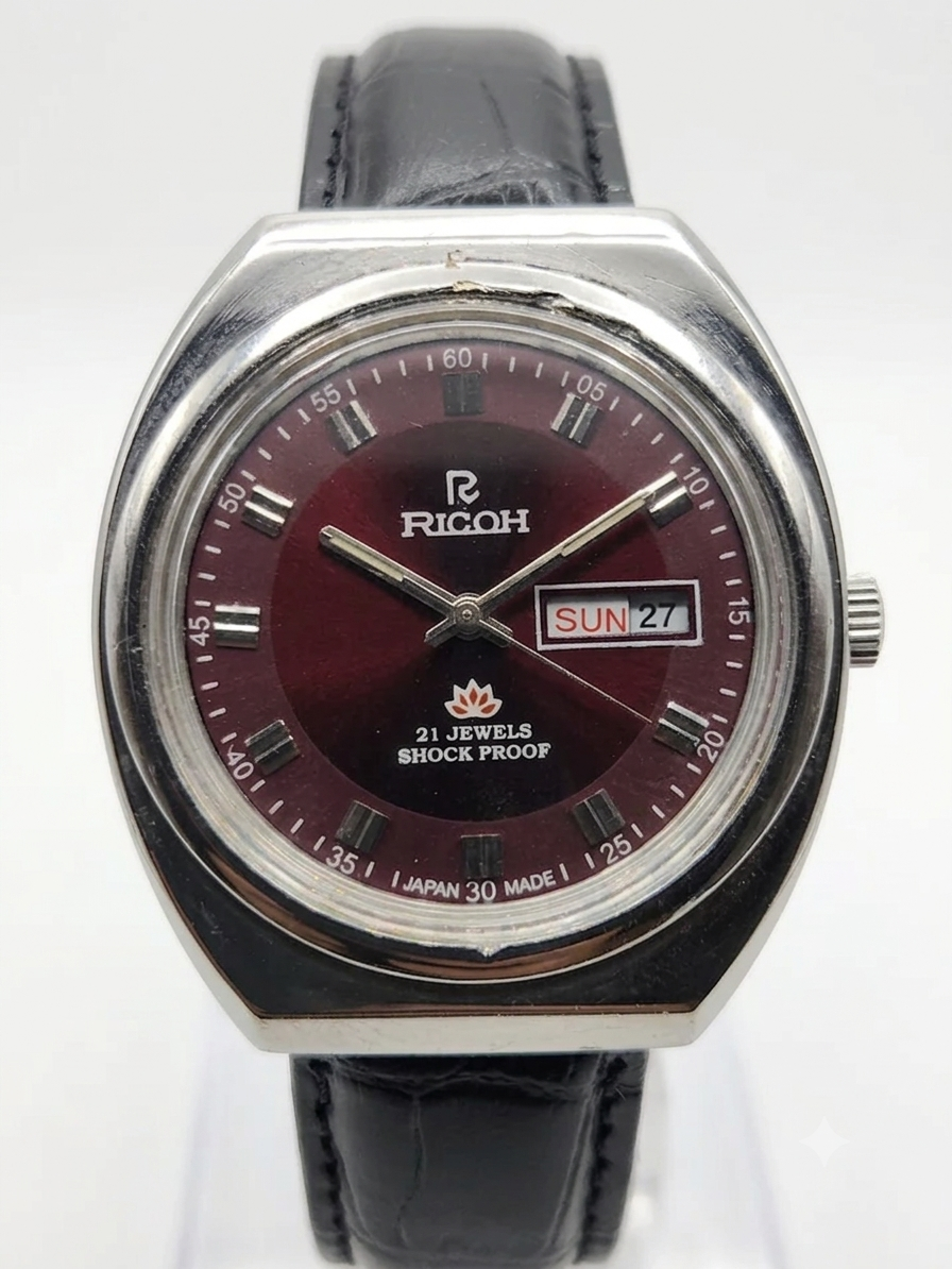 Vintage Ricoh R31 Automatic Red Face New Strap 21 Jewels Day-Date Men's Wrist Watch AS37