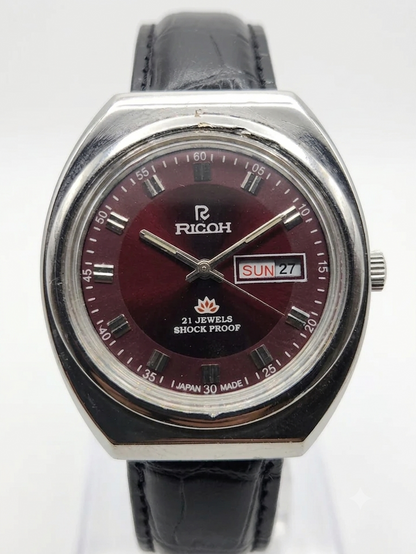 Vintage Ricoh R31 Automatic Red Face New Strap 21 Jewels Day-Date Men's Wrist Watch AS37