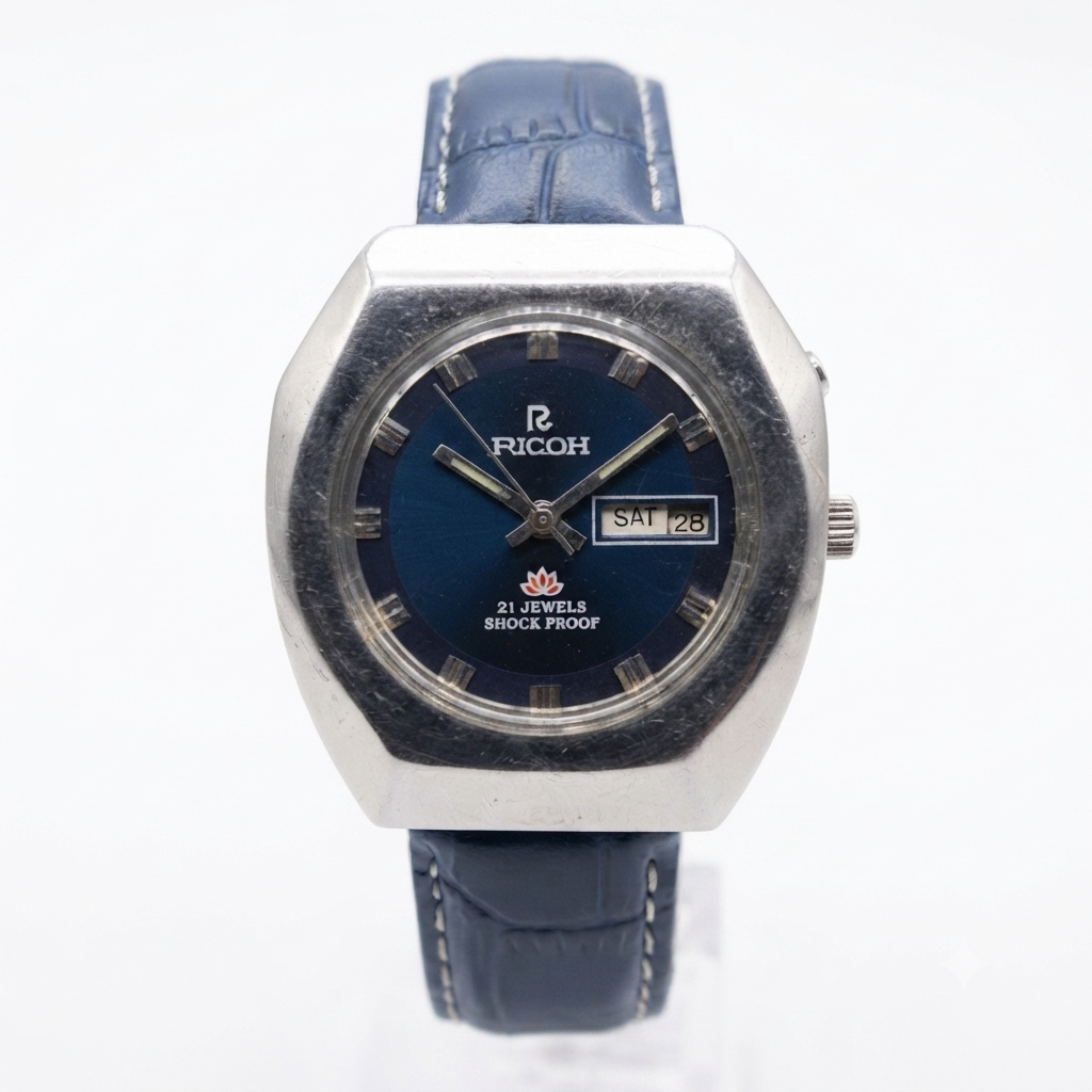 Vintage Ricoh R31 Automatic Blue Face New Strap 21 Jewels Day-Date Men's Wrist Watch R04