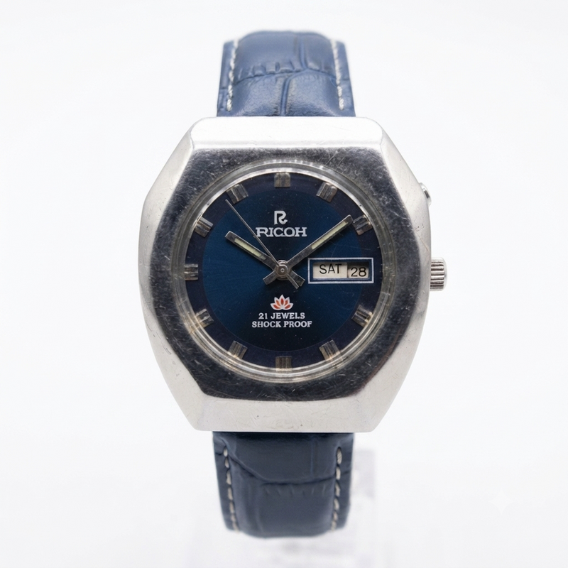 Vintage Ricoh R31 Automatic Blue Face New Strap 21 Jewels Day-Date Men's Wrist Watch R04