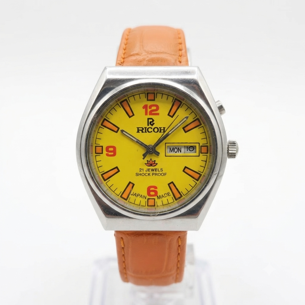Vintage Ricoh R31 Automatic Yellow Face New Strap 21 Jewels Day-Date Men's Wrist Watch R98