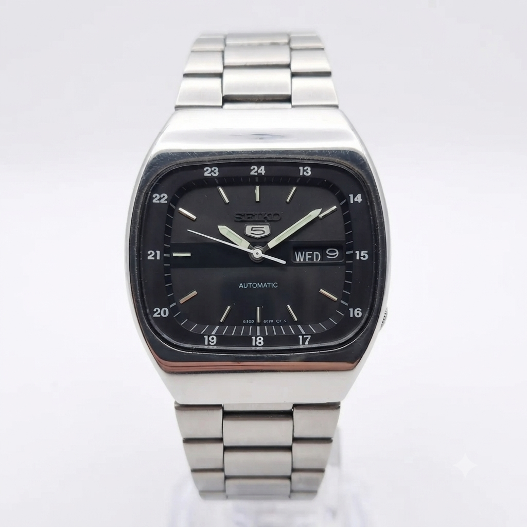 Vintage 1983 Original Seiko 5 Automatic 6309-5820 Black face 17 Jewels Day-Date Japanese Men's Wrist Watch OG258