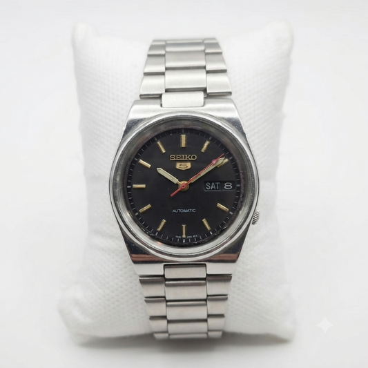 Vintage 1996 Original Seiko 5 Automatic 7s26-3130 Black Face 21 Jewels Day-Date Japanese Men's Wrist Watch VS12