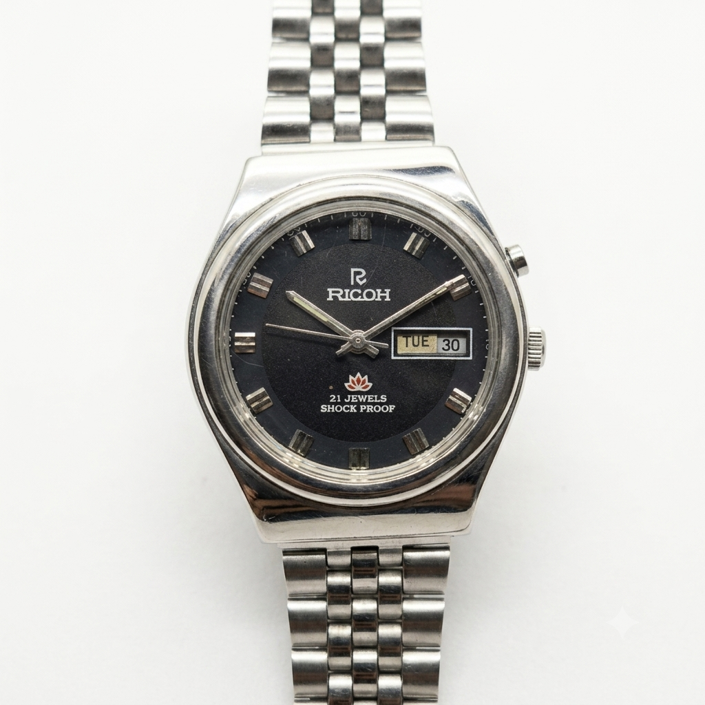 Vintage Ricoh R31 Black Face Automatic 21 Jewels Jubliee Bracelet Men's Wrist Watch R36