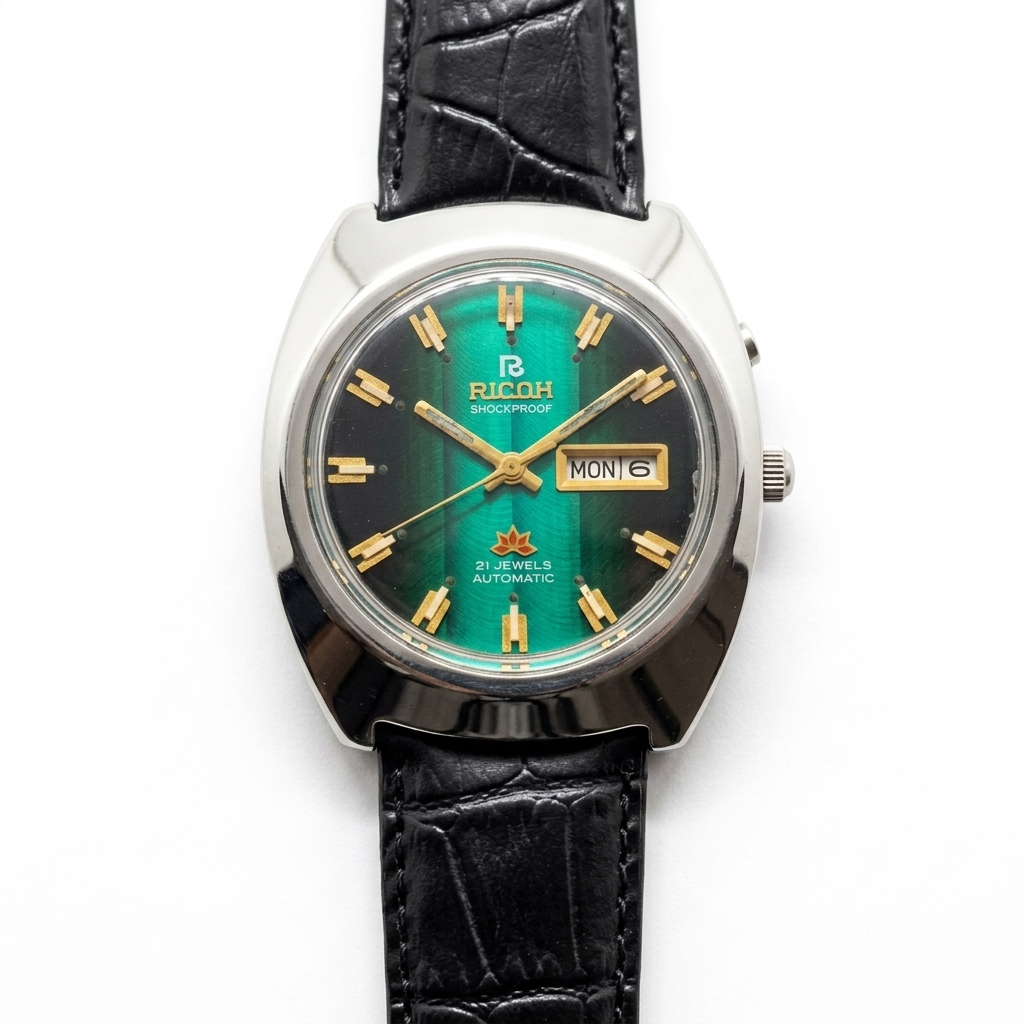 Vintage Ricoh R31 Automatic Green Face New Strap 21 Jewels Day-Date Men's Wrist Watch R22