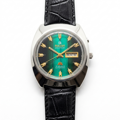 Vintage Ricoh R31 Automatic Green Face New Strap 21 Jewels Day-Date Men's Wrist Watch R22