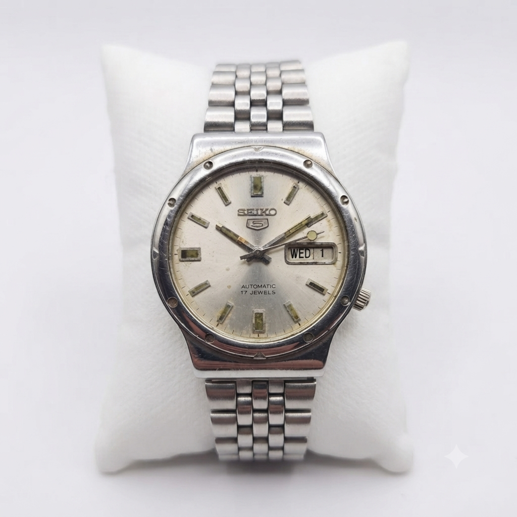 Vintage 1983 Original Seiko 5 Automatic 7009-2061 Silver Face 17 Jewels Day-Date Japanese Men's Wrist Watch VS06