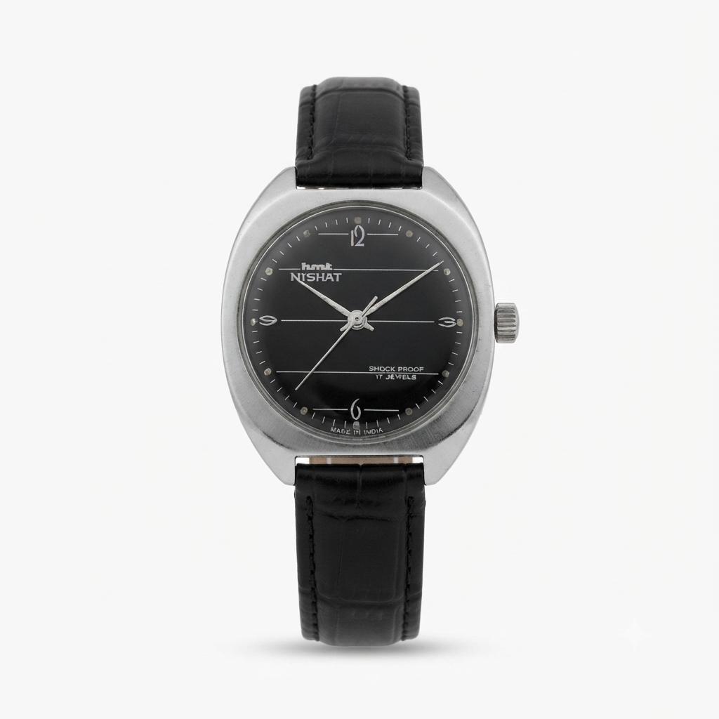 Vintage Original HMT Nishat Hand Winding 17 Jewels Black Face Men's Wrist Watch HM152