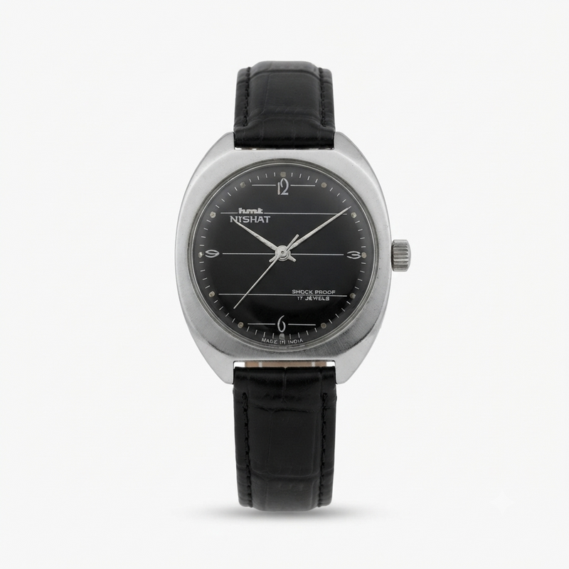 Vintage Original HMT Nishat Hand Winding 17 Jewels Black Face Men's Wrist Watch HM152
