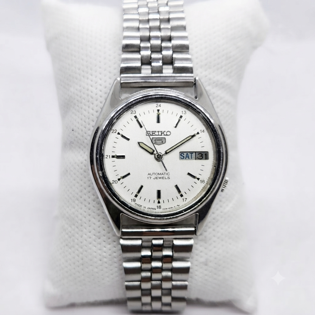 Vintage 1985 Original Seiko 5 Automatic 7009-6001 White Face 17 Jewels Day-Date Japanese Men's Wrist Watch SA41