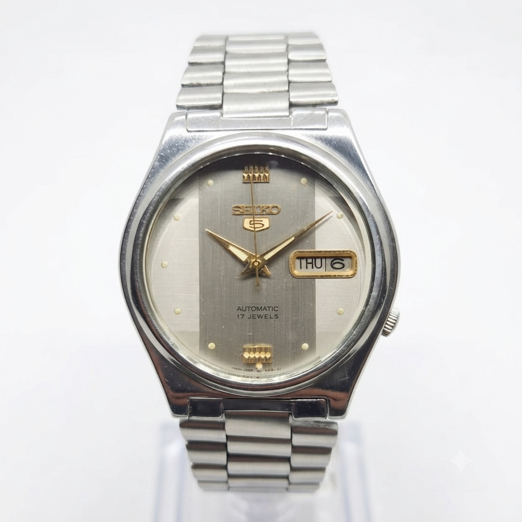 Vintage 1985 Original Seiko 5 Automatic 7009-3171 Grey Face 17 Jewels Day-Date Japanese Men's Wrist Watch SA70