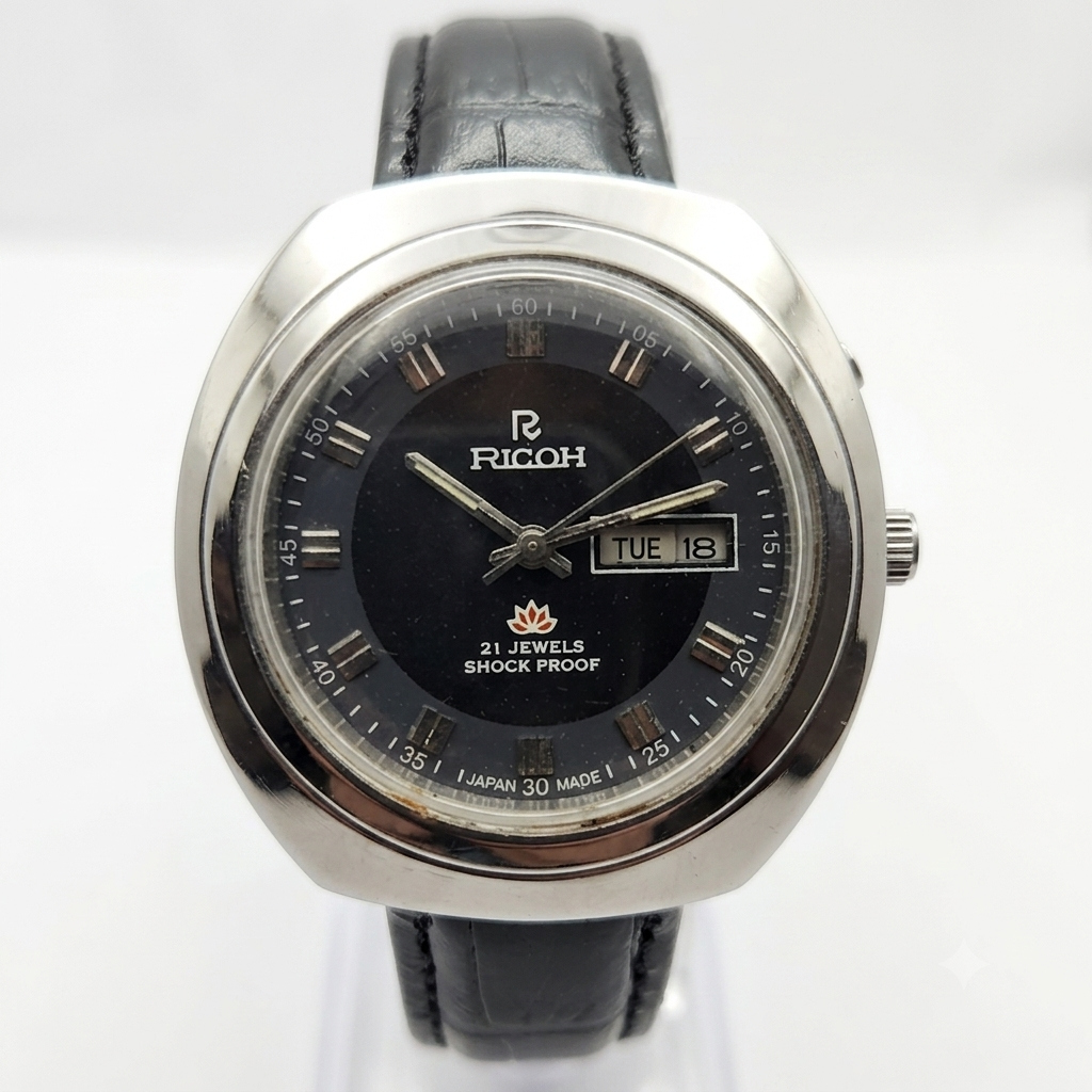 Vintage Ricoh R31 Automatic Black Face New Strap 21 Jewels Day-Date Men's Wrist Watch R25