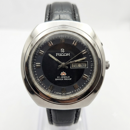 Vintage Ricoh R31 Automatic Black Face New Strap 21 Jewels Day-Date Men's Wrist Watch R25