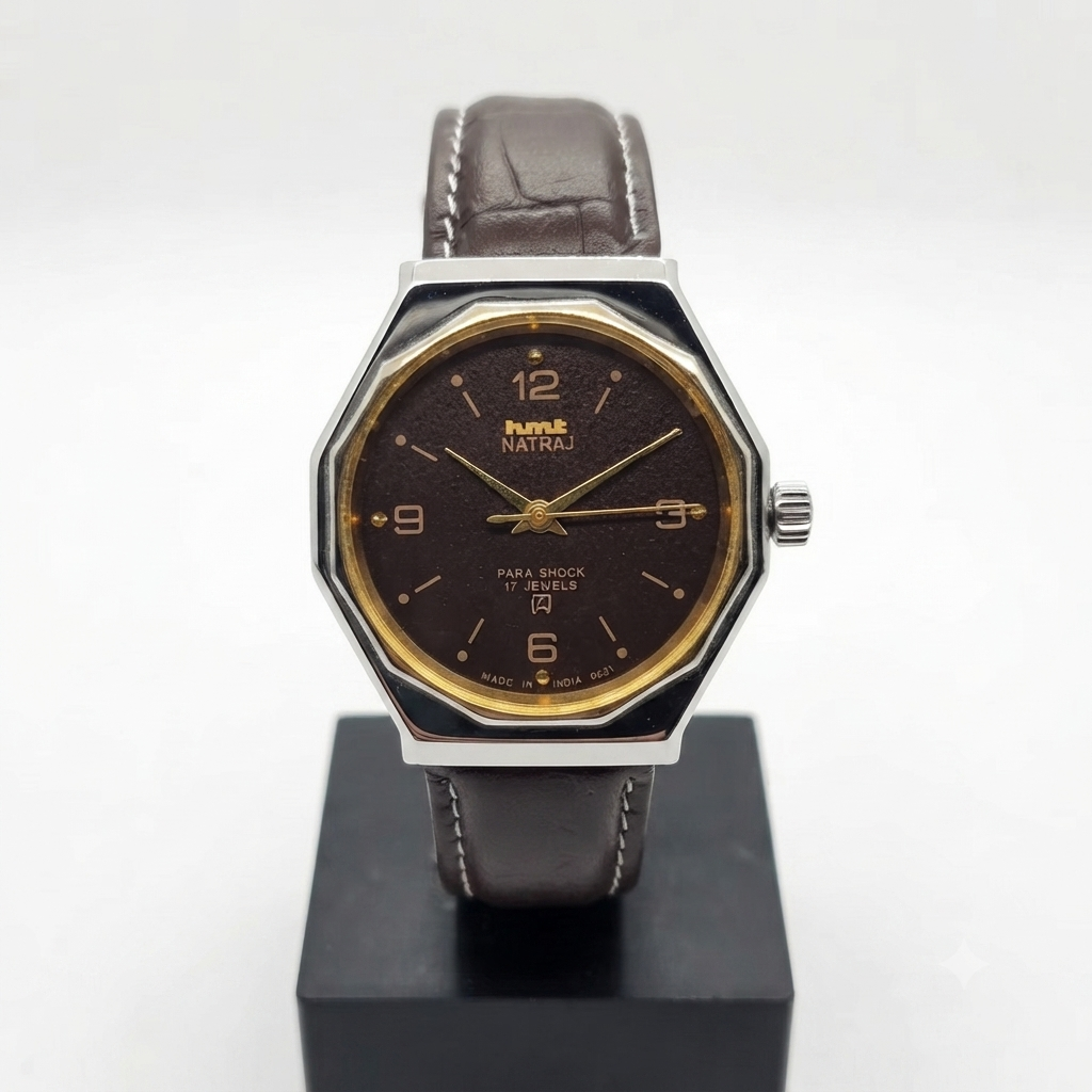 Vintage Original HMT Natraj Hand Winding 17 Jewels Brown Face Men's Wrist Watch HM31