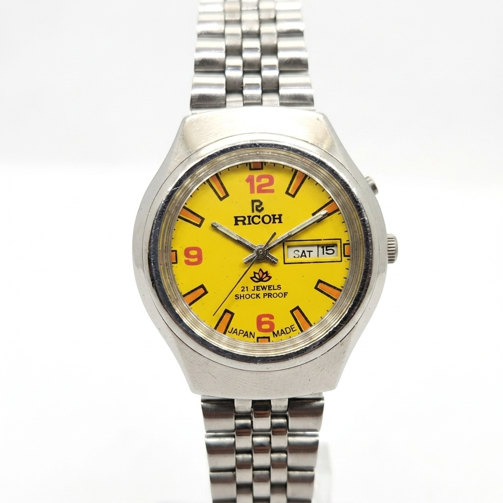 Vintage Ricoh R31 Yellow Face Automatic 21 Jewels Jubliee Bracelet Men's Wrist Watch R33