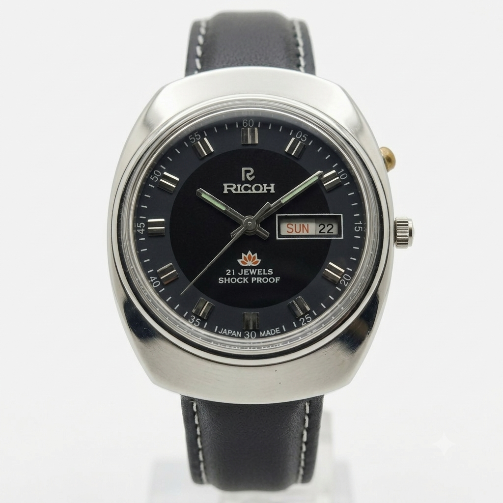 Vintage Ricoh R31 Automatic Black Face New Strap 21 Jewels Day-Date Men's Wrist Watch R132