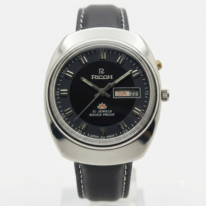 Vintage Ricoh R31 Automatic Black Face New Strap 21 Jewels Day-Date Men's Wrist Watch R132