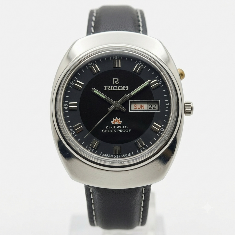Vintage Ricoh R31 Automatic Black Face New Strap 21 Jewels Day-Date Men's Wrist Watch R132