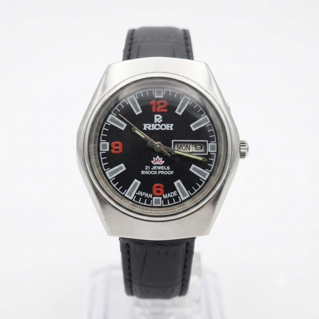 Vintage Ricoh R31 Automatic Black Face New Strap 21 Jewels Day-Date Men's Wrist Watch R112