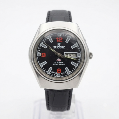 Vintage Ricoh R31 Automatic Black Face New Strap 21 Jewels Day-Date Men's Wrist Watch R112
