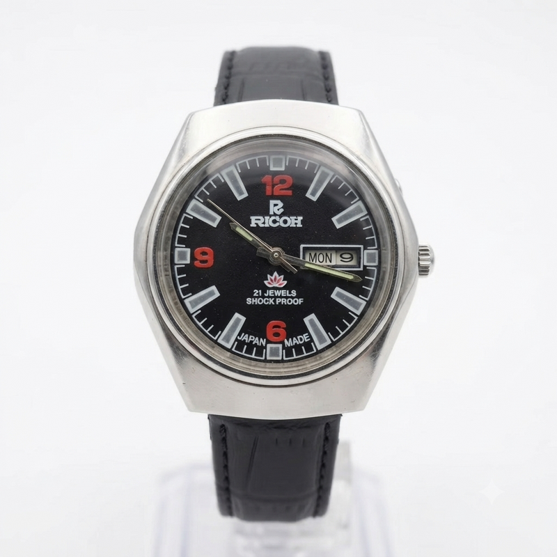 Vintage Ricoh R31 Automatic Black Face New Strap 21 Jewels Day-Date Men's Wrist Watch R112