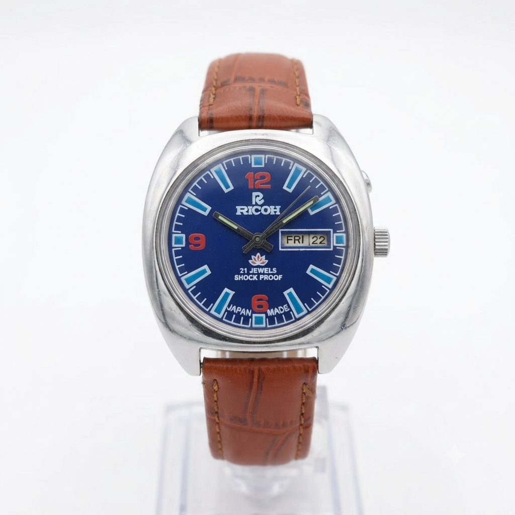 Vintage Ricoh R31 Automatic Blue Face New Strap 21 Jewels Day-Date Men's Wrist Watch R93