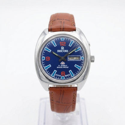Vintage Ricoh R31 Automatic Blue Face New Strap 21 Jewels Day-Date Men's Wrist Watch R93