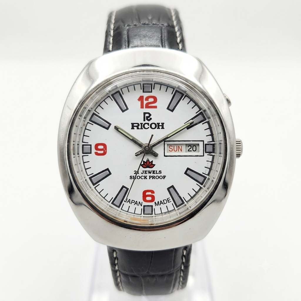 Vintage Ricoh R31 Automatic White Face New Strap 21 Jewels Day-Date Men's Wrist Watch R12