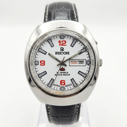 Vintage Ricoh R31 Automatic White Face New Strap 21 Jewels Day-Date Men's Wrist Watch R12