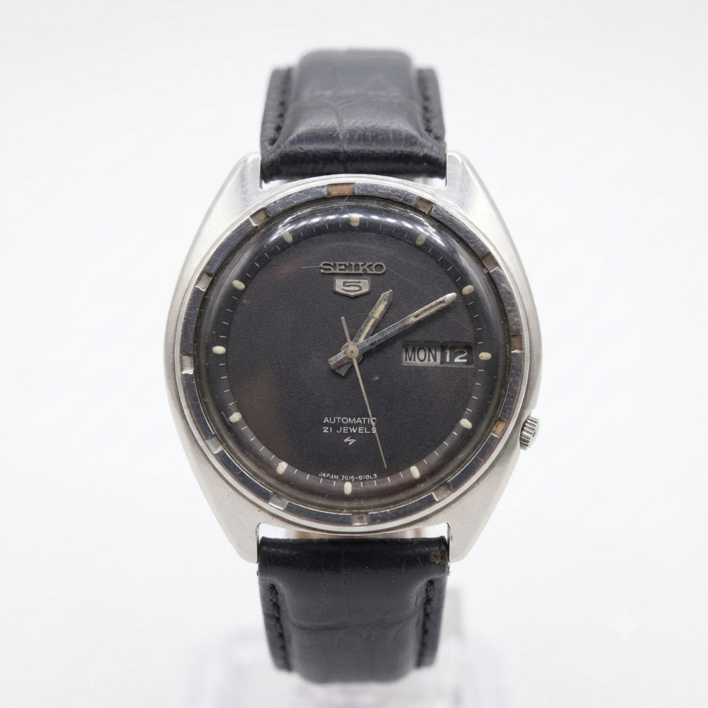 Vintage 1977 Original Seiko 5 Automatic 7019-8080 Black Face 21 Jewels Day-Date Japanese Men's Wrist Watch OG35