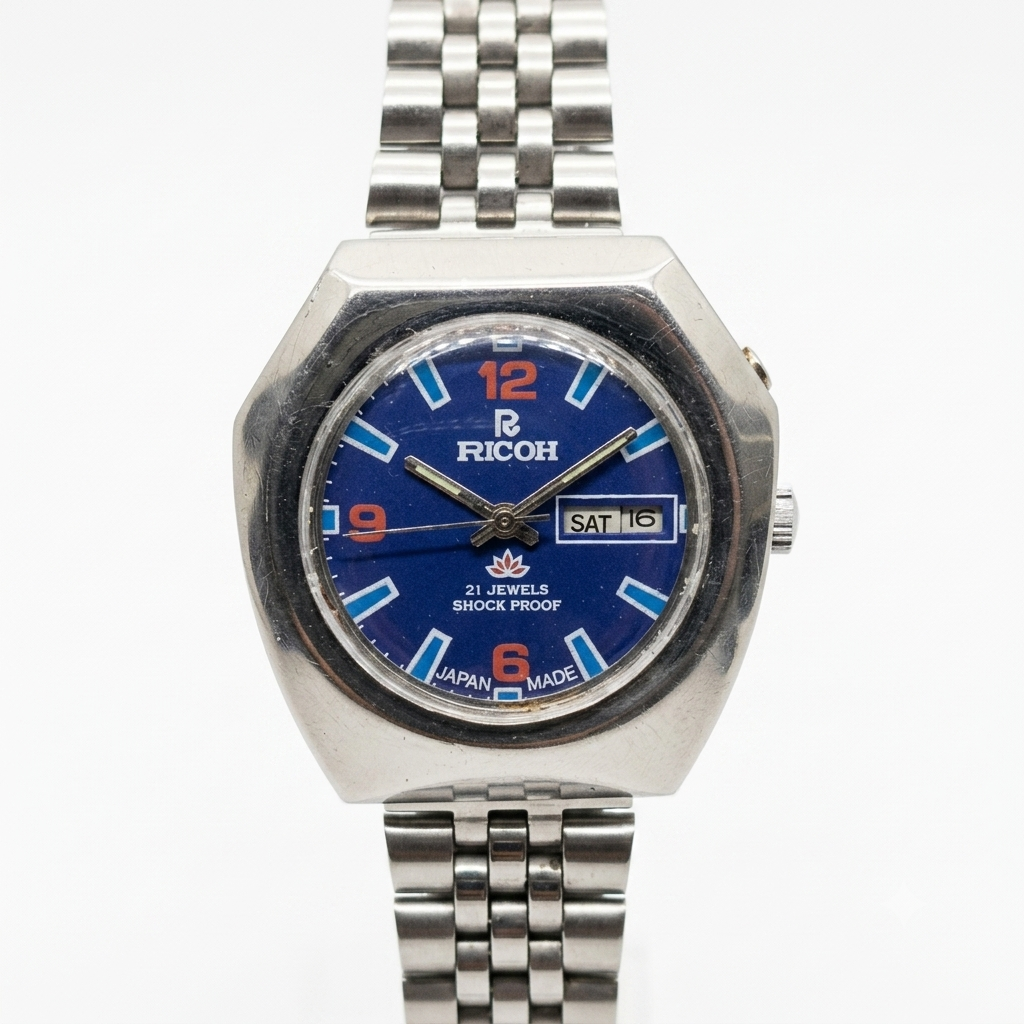 Vintage Ricoh R31 Blue Face Automatic 21 Jewels Jubliee Bracelet Men's Wrist Watch R30